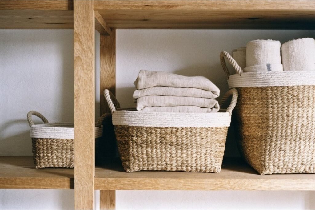 Seagrass and cotton-rope storage baskets holding folded linen throws on warm oak shelving