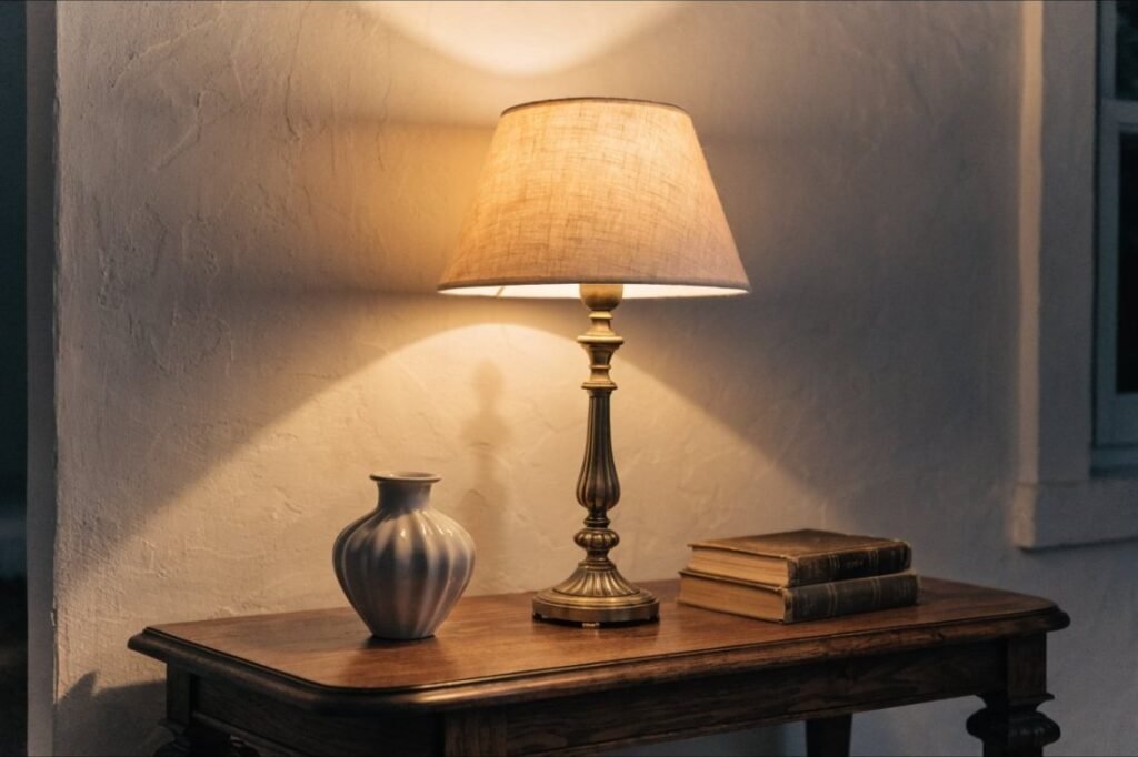 An antique brass table lamp with an ivory linen shade glowing on a walnut console