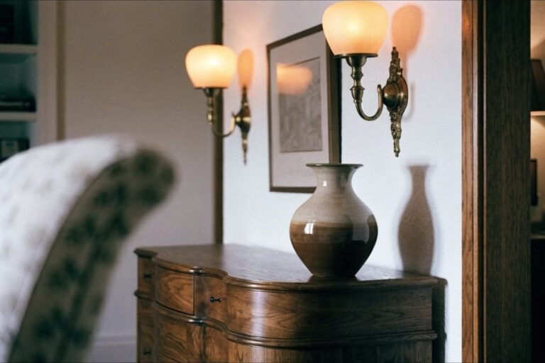 Two antique brass wall sconces glowing beside a framed artwork above a walnut console