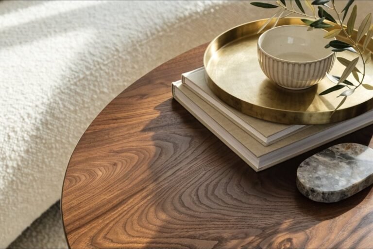 A walnut coffee table styled with neutral books, a brass tray, a ribbed bowl and an olive branch