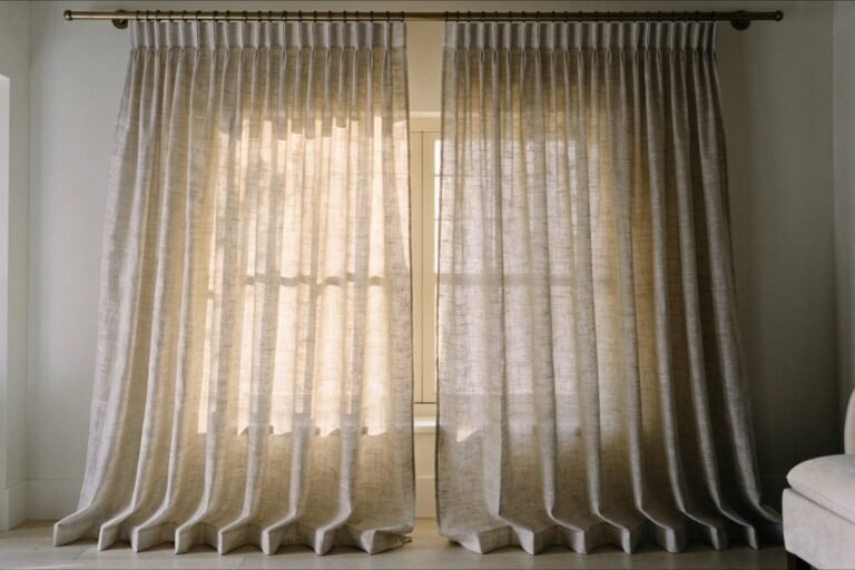Floor-to-ceiling pleated oatmeal linen curtains breaking gently on a pale oak floor