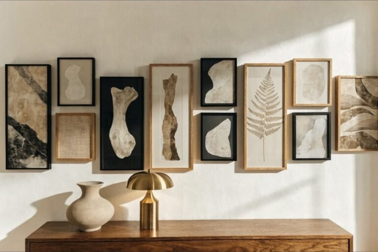 Nine evenly spaced framed prints in black and oak frames above a walnut console