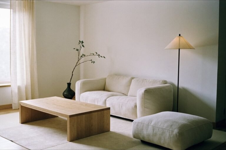 A calm Japandi living room with low oak furniture, a cream linen sofa and a paper-shade lamp