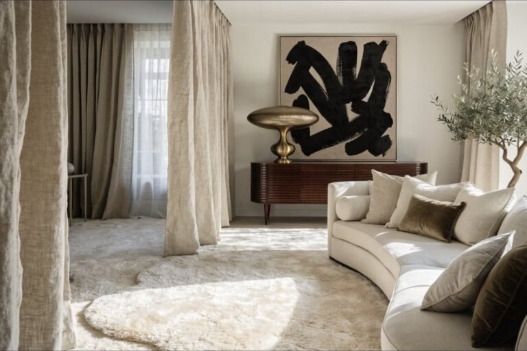 A living room with an oversized ivory rug, layered cushions, brass lamp and large abstract artwork