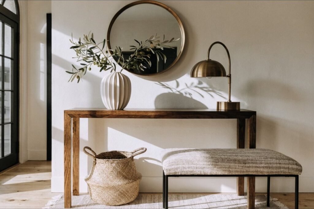 A walnut console with a round brass mirror, olive branches, a woven basket and a bench in an entryway