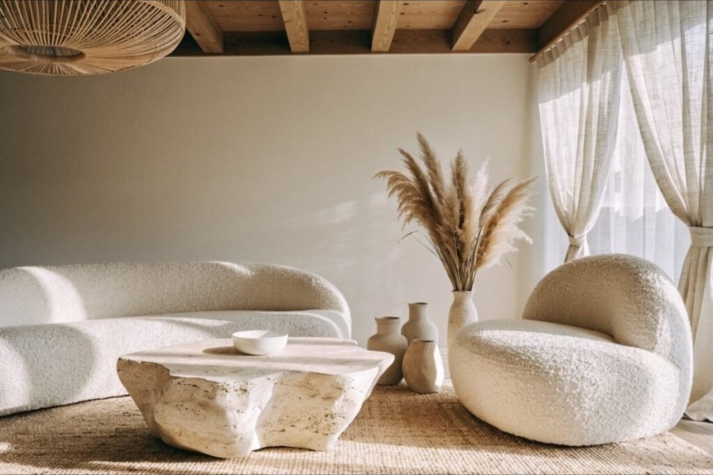 Rounded cream boucle seating, a travertine coffee table and a jute rug in an organic modern living room