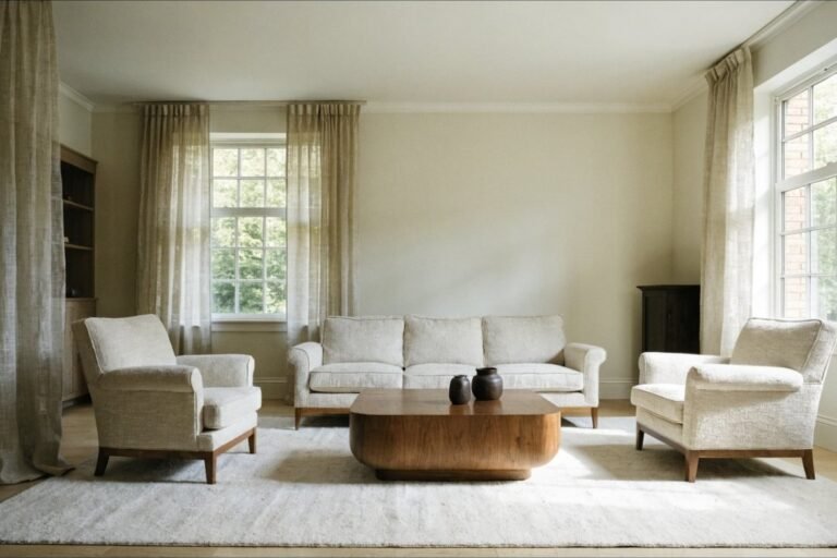 A large ivory wool rug sized so all the seating sits on it, with an even border of oak floor