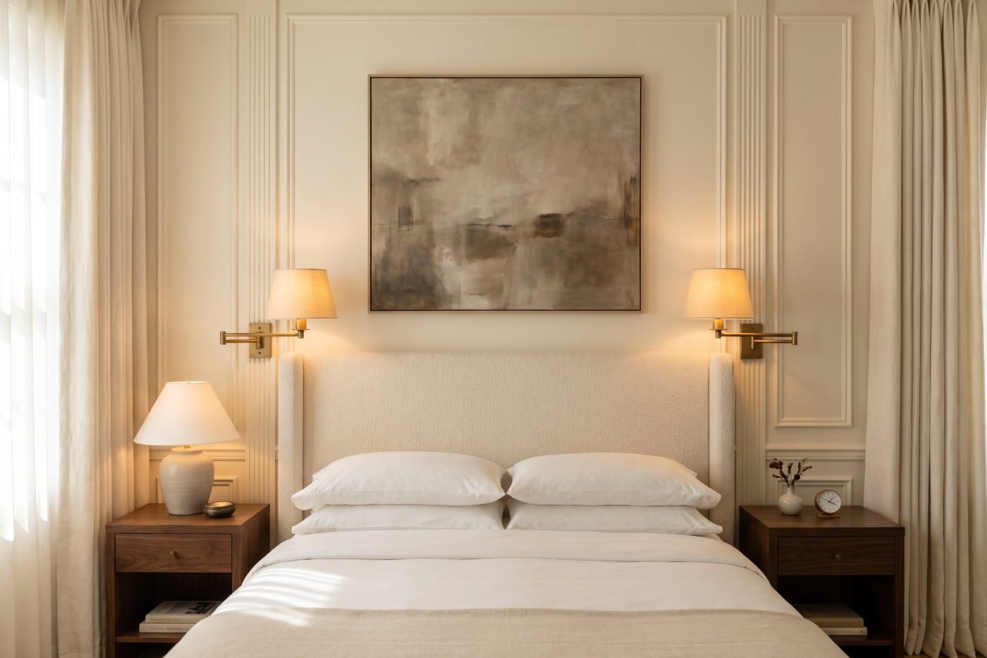 Luxury hotel-inspired bed wall with moulding, fluted trim, oversized art and brass lighting.