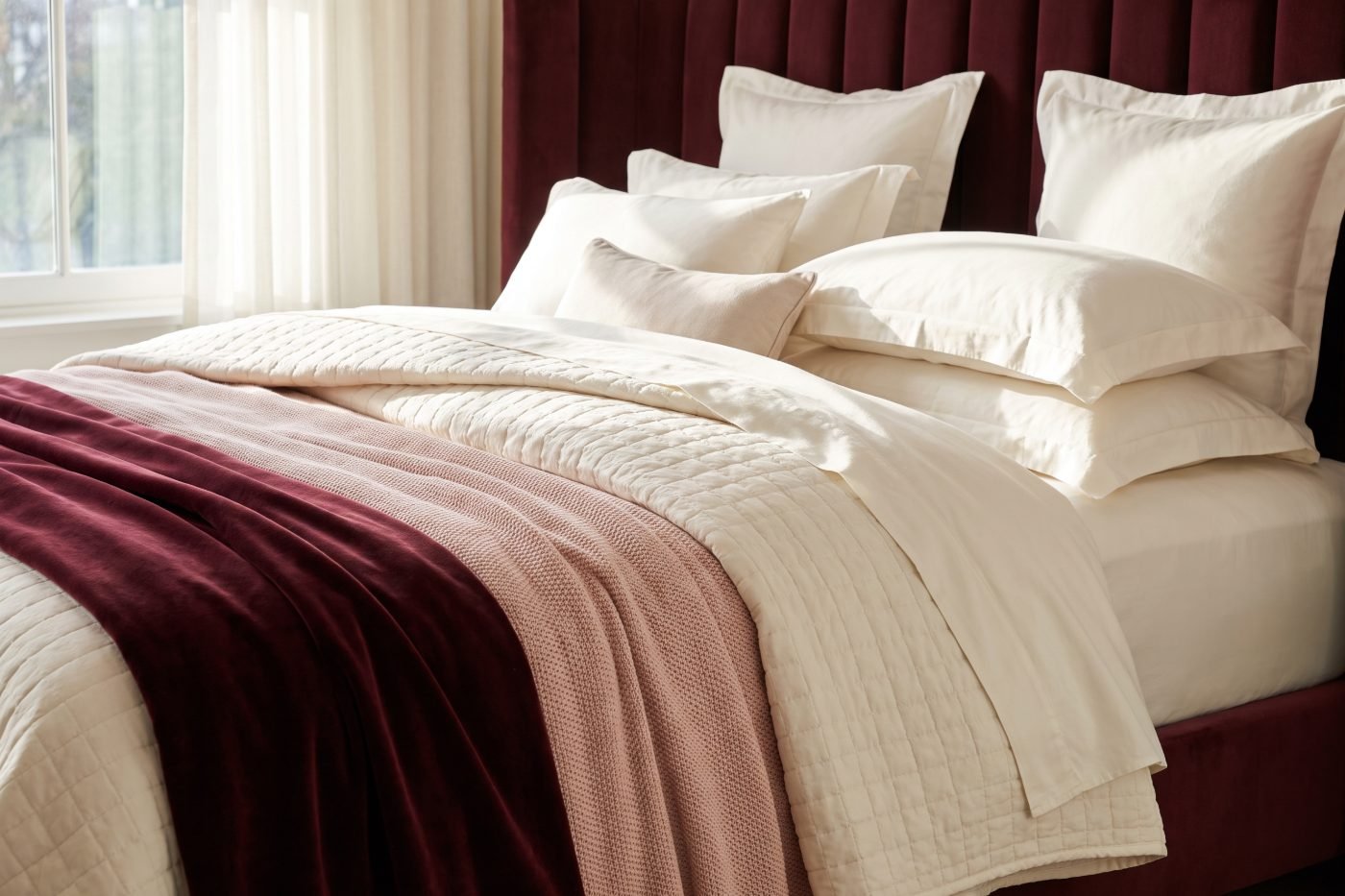 Layered ivory, blush and burgundy hotel-style bedding with velvet and quilted textures.