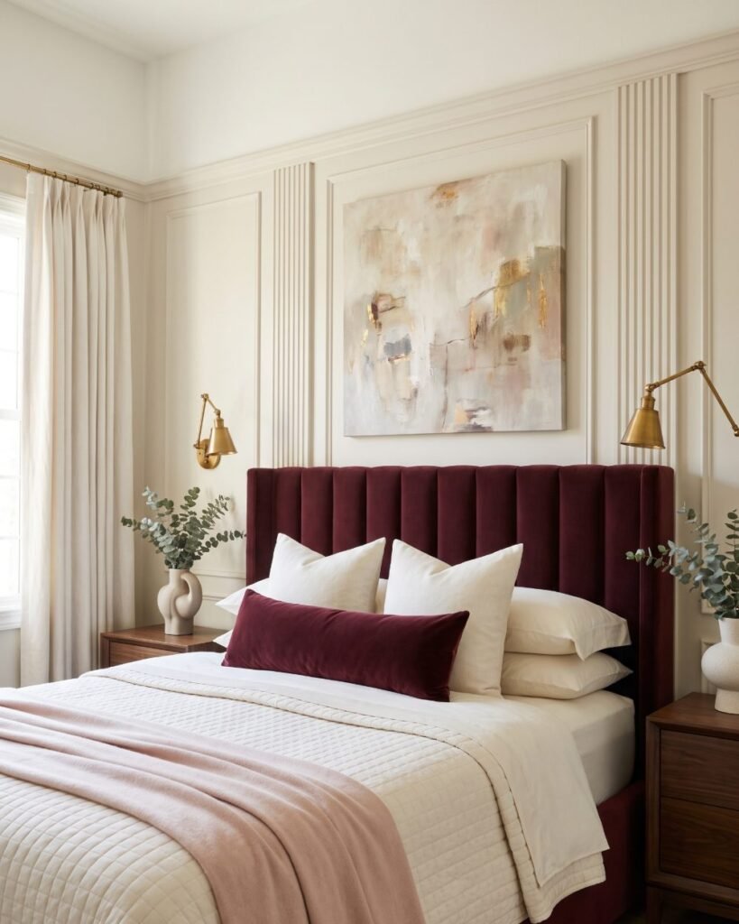 Hotel-inspired bedroom with burgundy upholstered bed, blush accents, layered bedding, brass sconces and wall moulding.