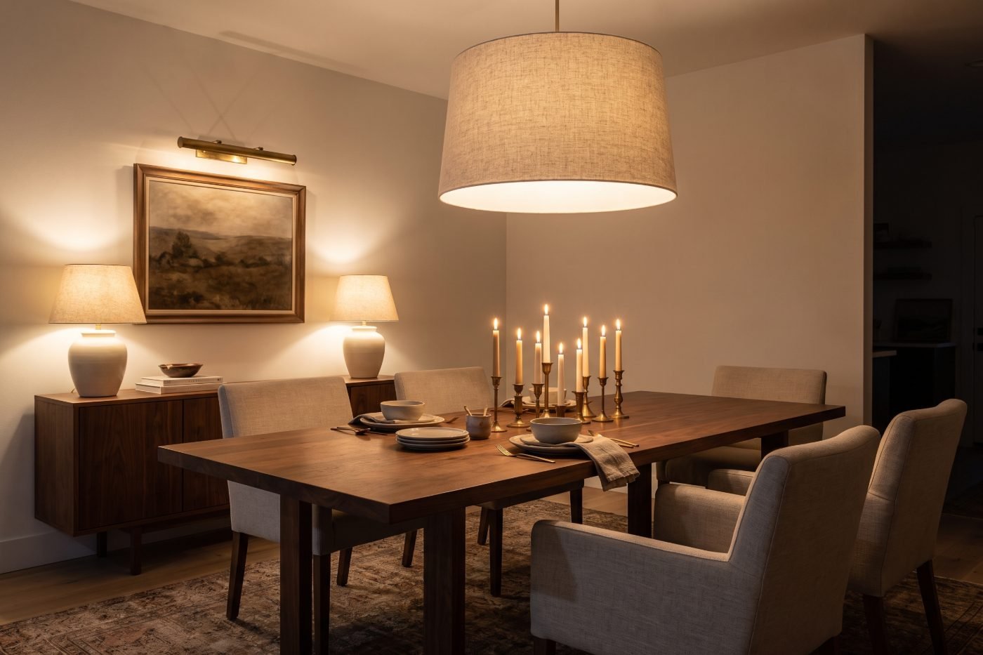 Warm minimalist dining room illuminated with pendant, buffet lamps and accent lighting.