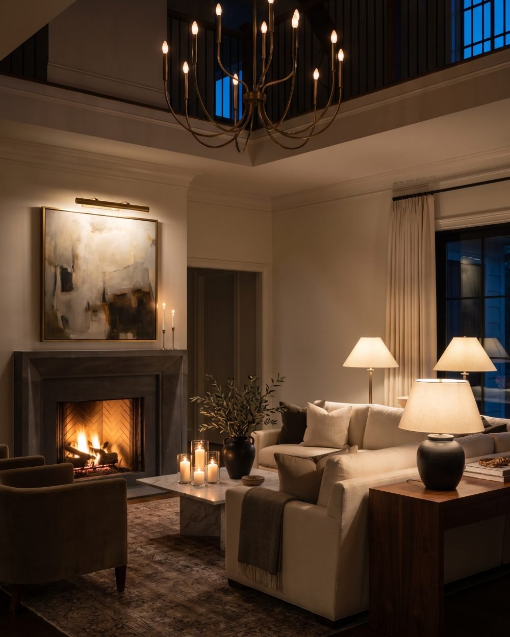 Living room demonstrating layered ambient, task and accent lighting.