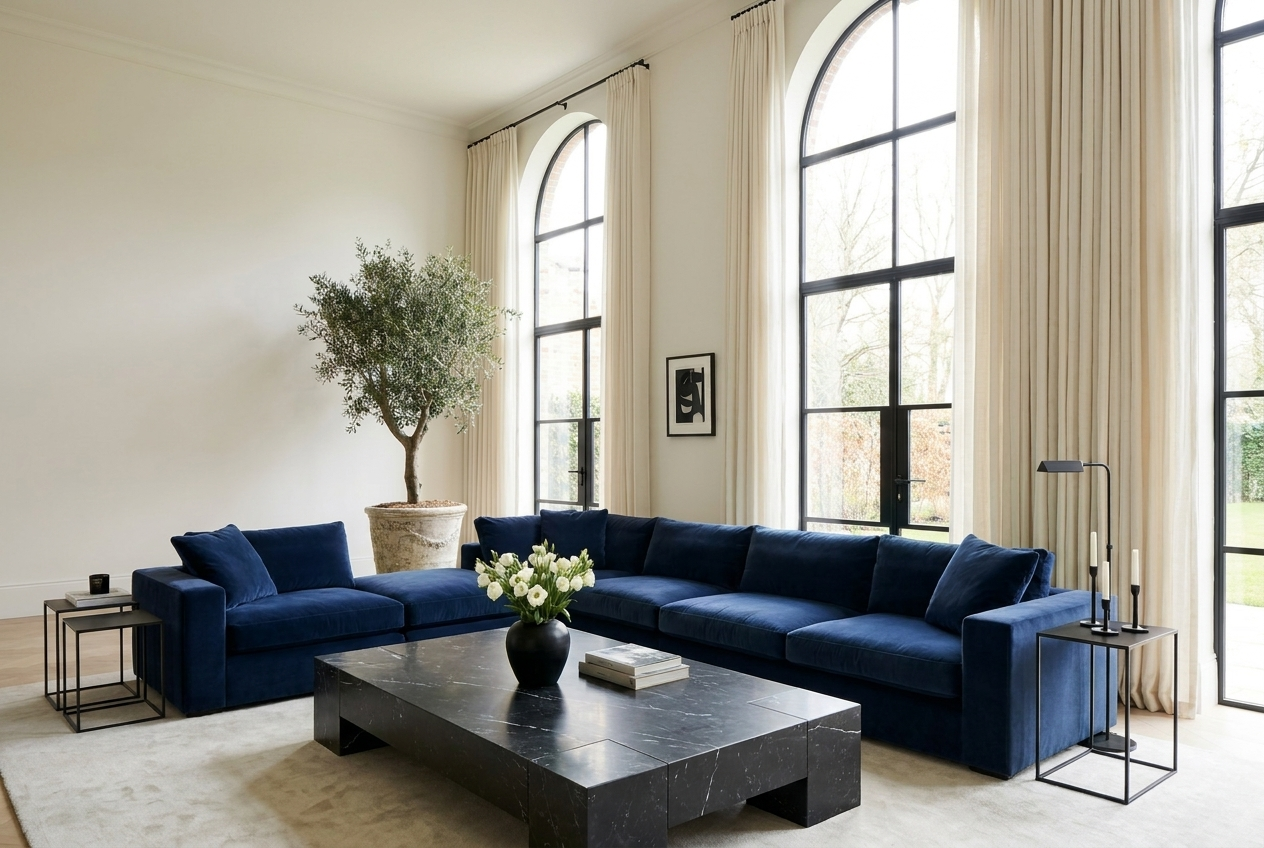 A light-filled living room with a navy velvet sectional, black marble coffee table and an olive tree