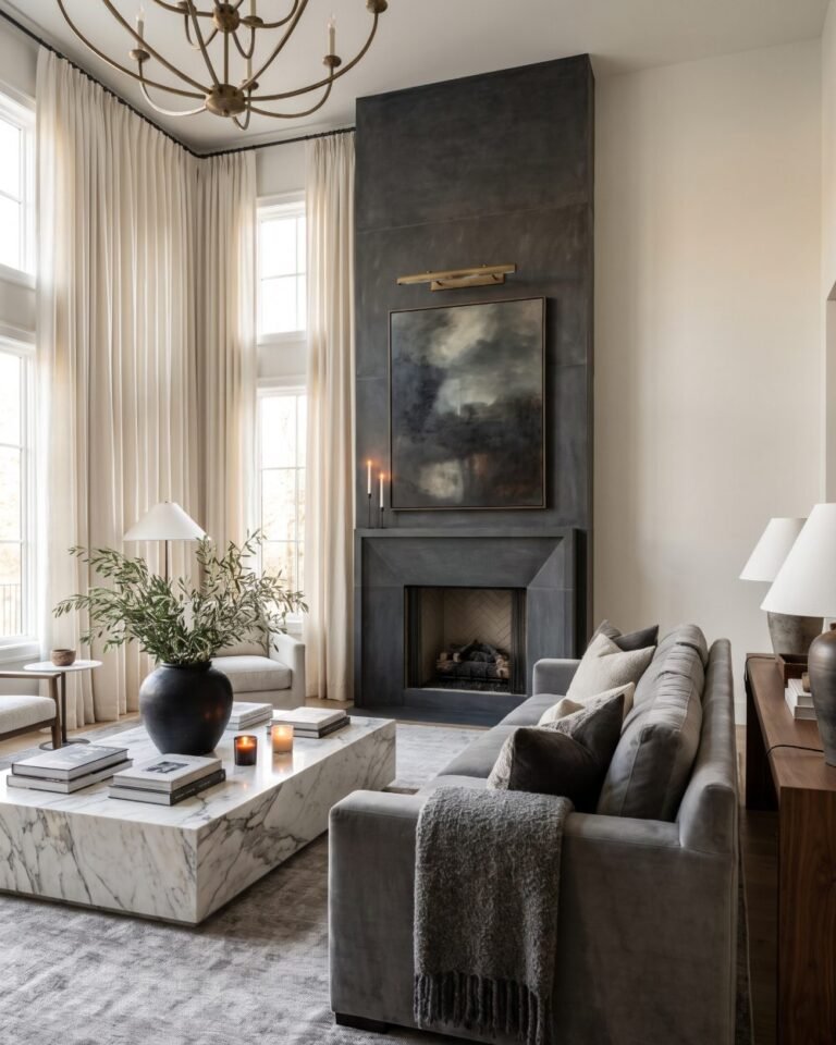 RH-inspired modern luxe living room with charcoal fireplace, brass lighting, velvet seating and marble coffee table.