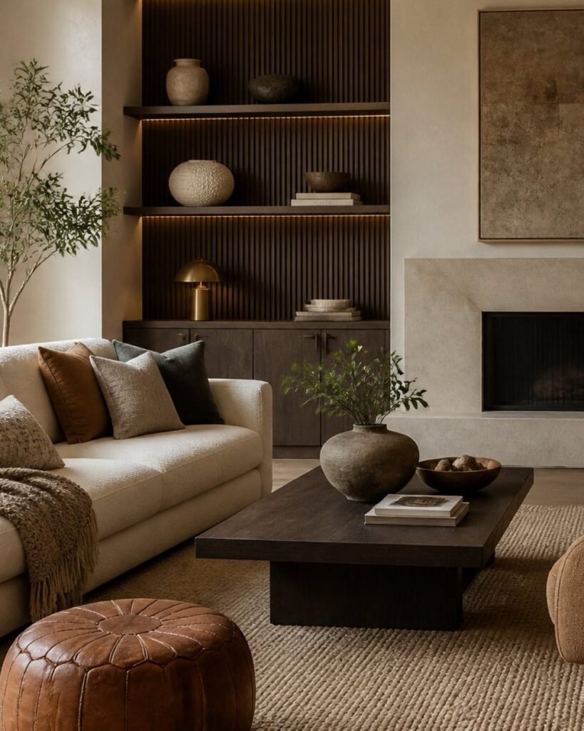 Warm living room with neutral furnishings, dark accents, wood details and soft natural light.