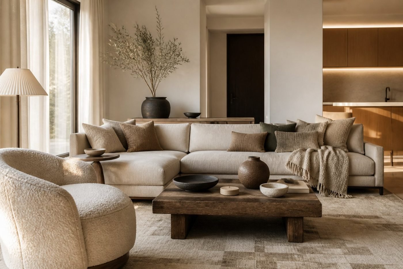 Warm neutral living room with layered textures, natural materials and a deep-coloured accent chair.