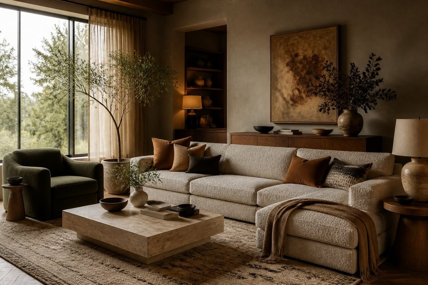 Warm textured living room with earthy walls, natural wood and soft layered lighting.