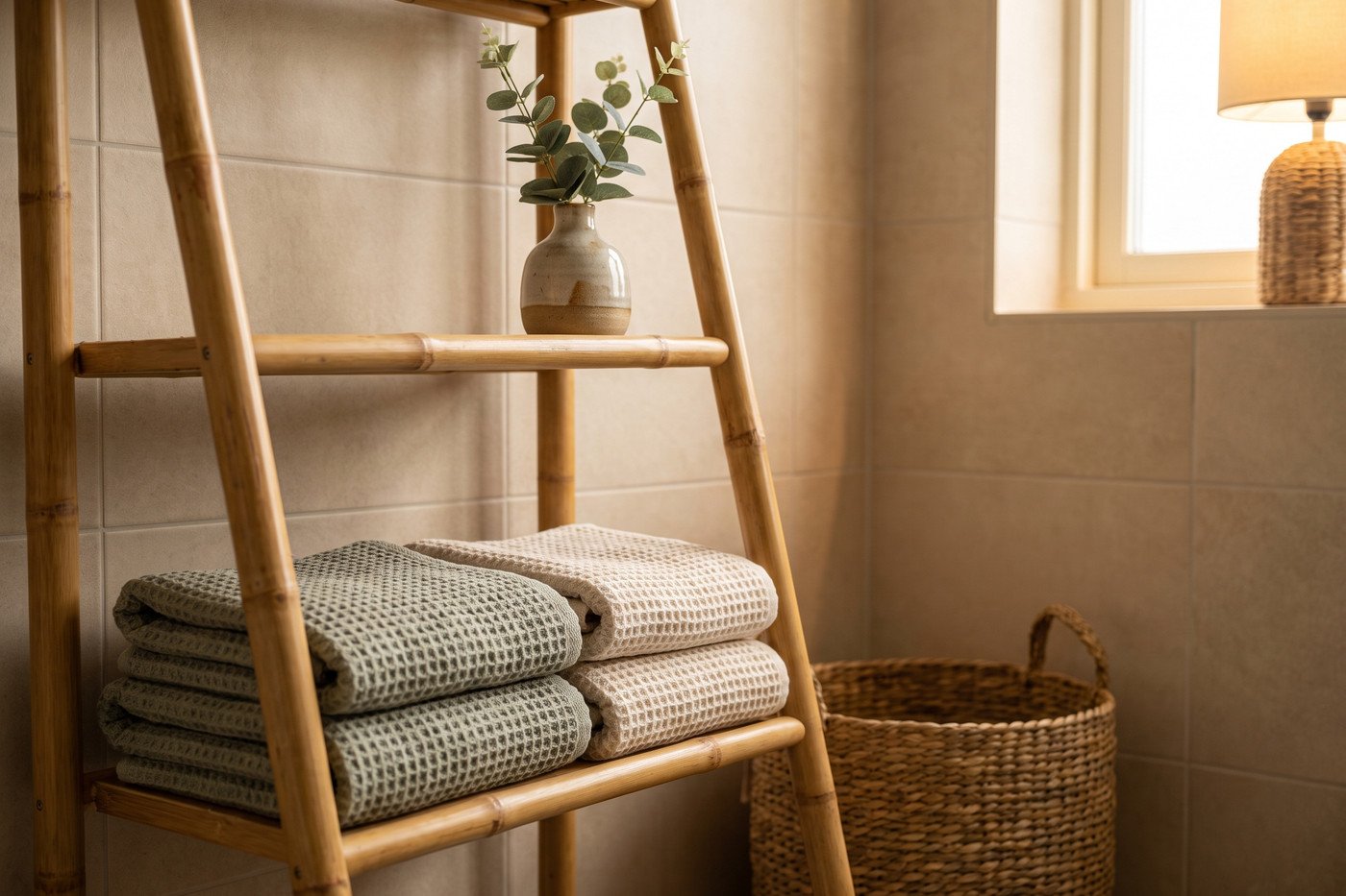 Bamboo ladder shelf holding folded heavyweight waffle towels in sage and cream beside a woven basket and a small ceramic vase of eucalyptus.