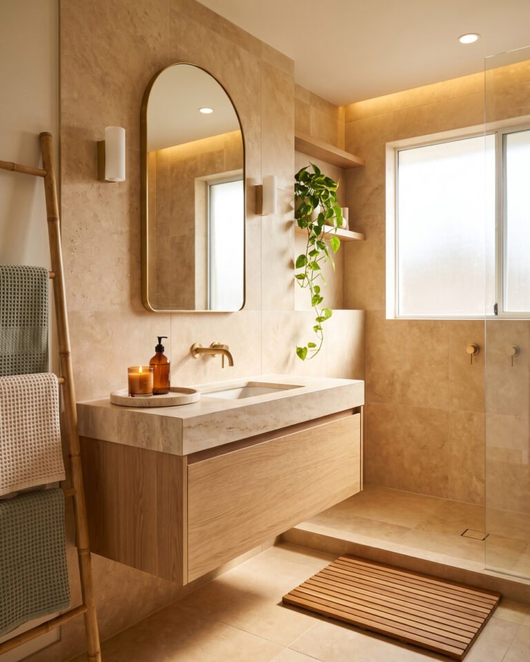 Warm 2026 bathroom with a white oak vanity, an arched brass-framed mirror, stacked sage waffle towels on a bamboo ladder shelf, a stone tray with a candle and a trailing plant, soft daylight.