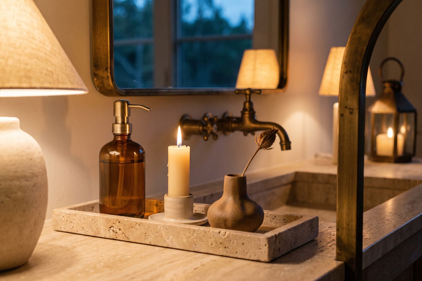 Bathroom vanity styled with a travertine tray, an amber glass soap dispenser, a lit candle, a small sculptural vase and brass fixtures, warm evening light.