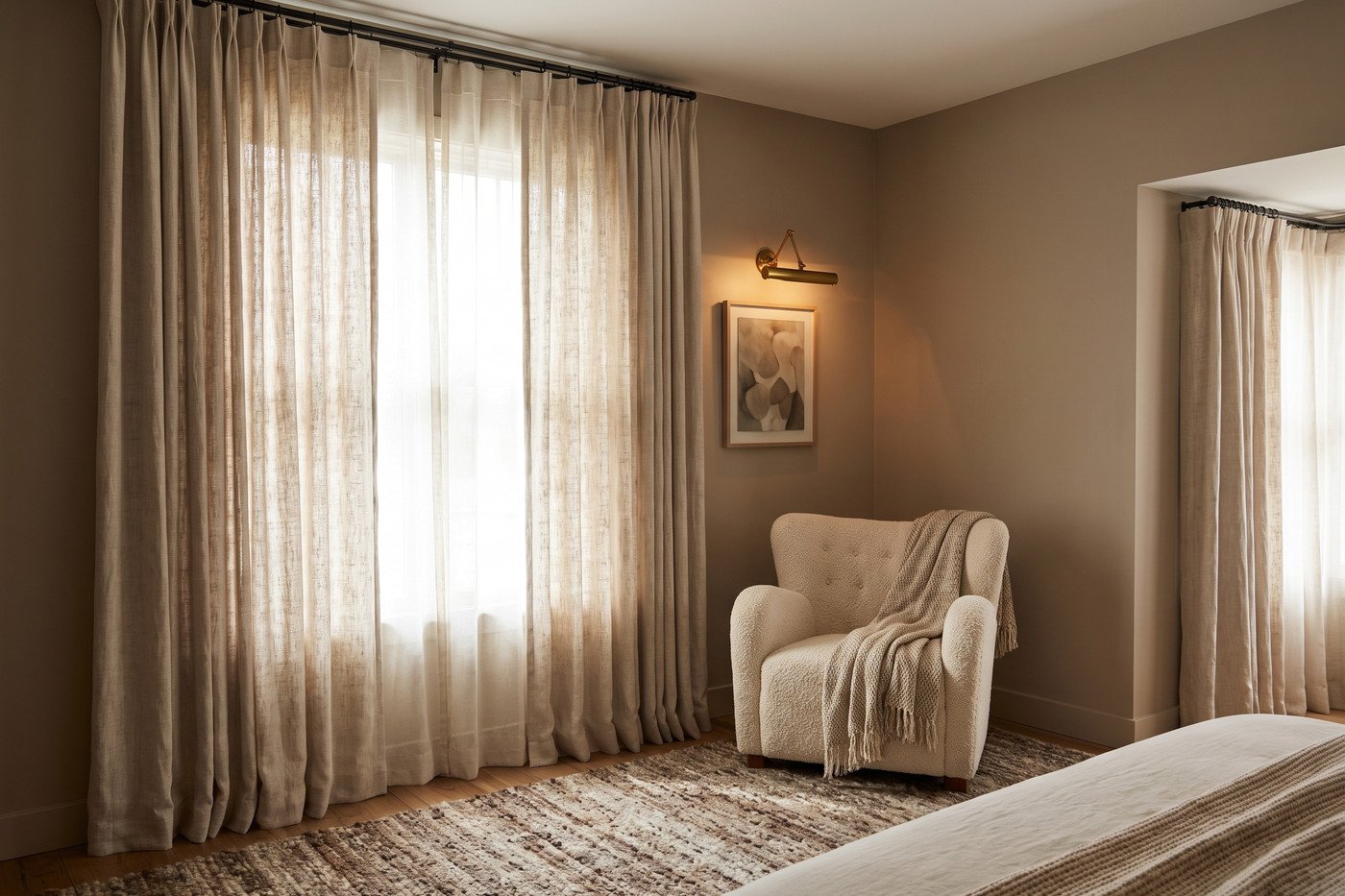 Bedroom corner with floor-length linen curtains hung near the ceiling, a bouclé armchair and a brass picture light over artwork.