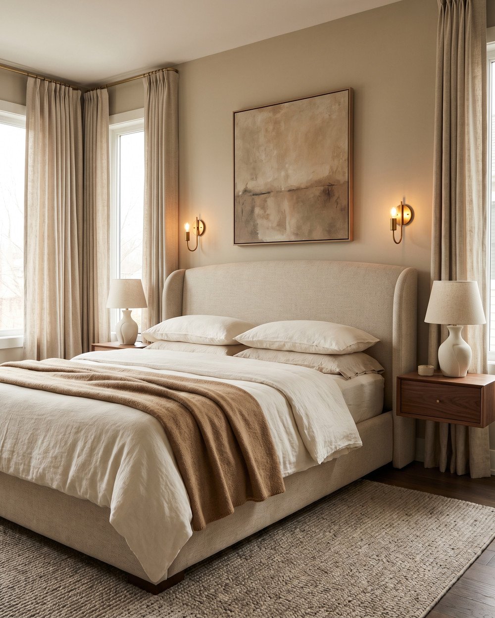 Warm 2026 bedroom with a curved oatmeal upholstered bed, layered ivory bedding, brass sconces over walnut nightstands and floor-length linen curtains.