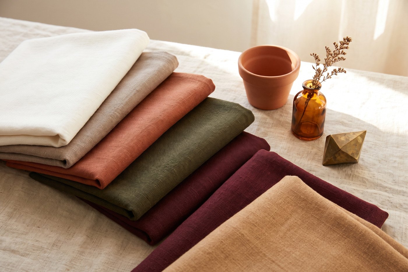 Flat-lay of 2026 colour palette textiles: warm white, mushroom, clay, olive, oxblood and camel with a terracotta pot and amber glass.
