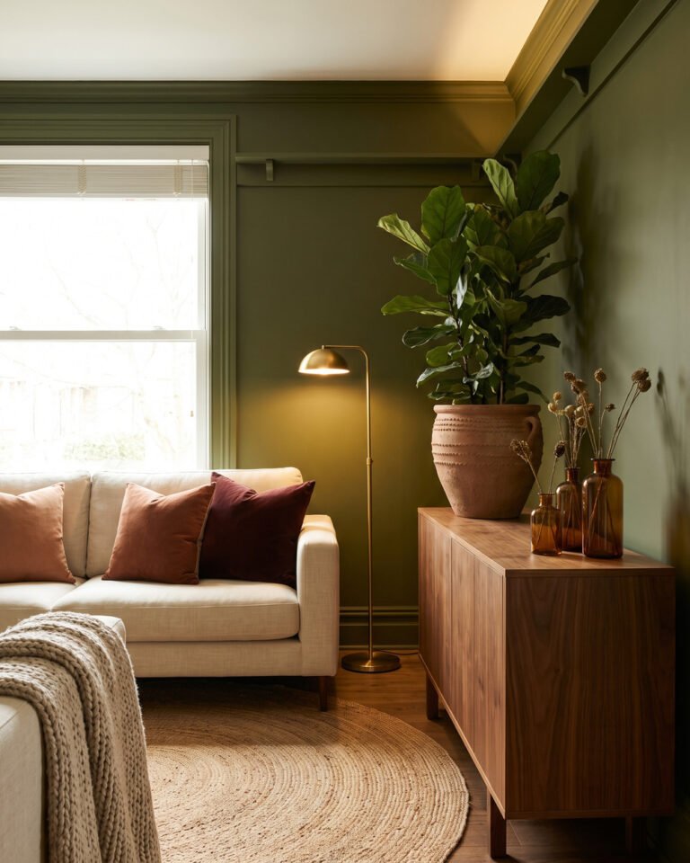 Living room colour-drenched in deep olive with a cream linen sofa, clay and oxblood velvet pillows, terracotta planter, amber bud vases and a jute rug.