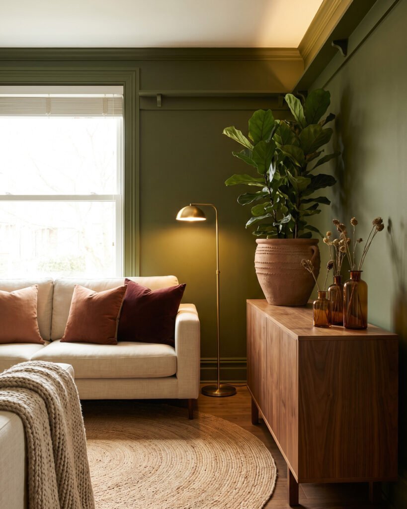 Living room colour-drenched in deep olive with a cream linen sofa, clay and oxblood velvet pillows, terracotta planter, amber bud vases and a jute rug.