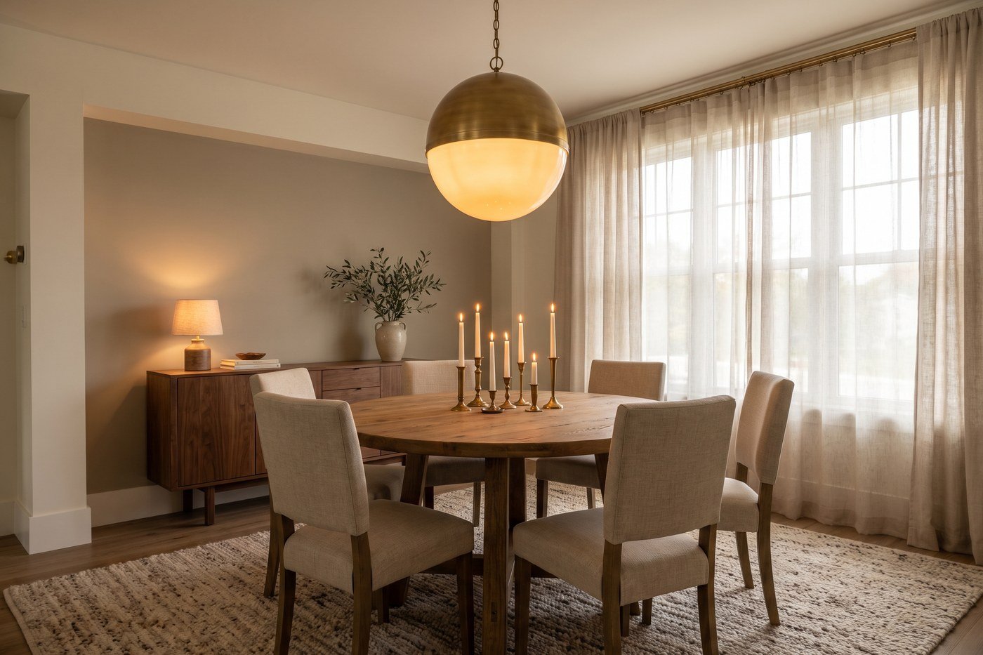 A styled dining room at dusk