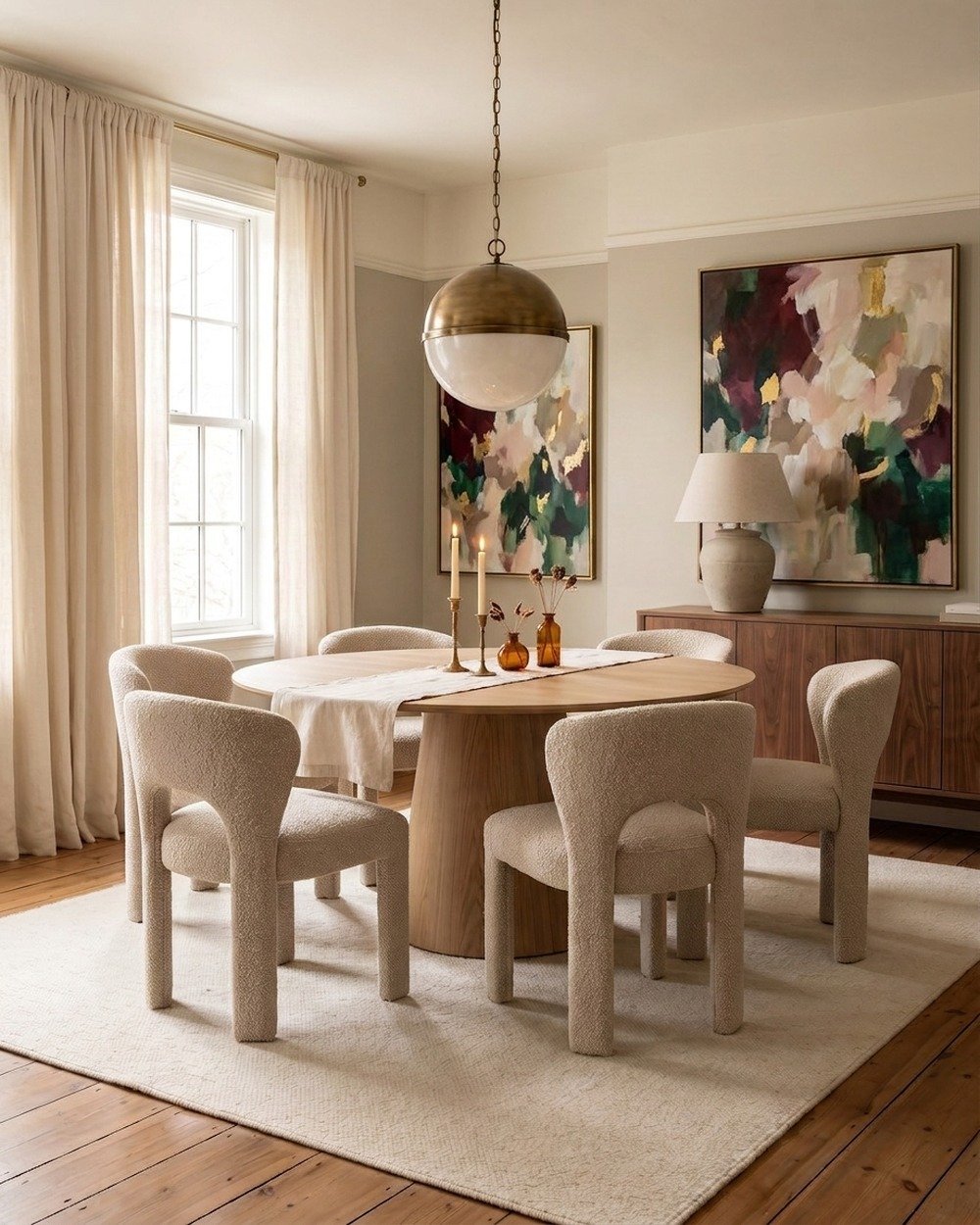 Warm 2026 dining room with a round white oak pedestal table, cream boucle chairs and two large colourful abstract canvases in brass frames