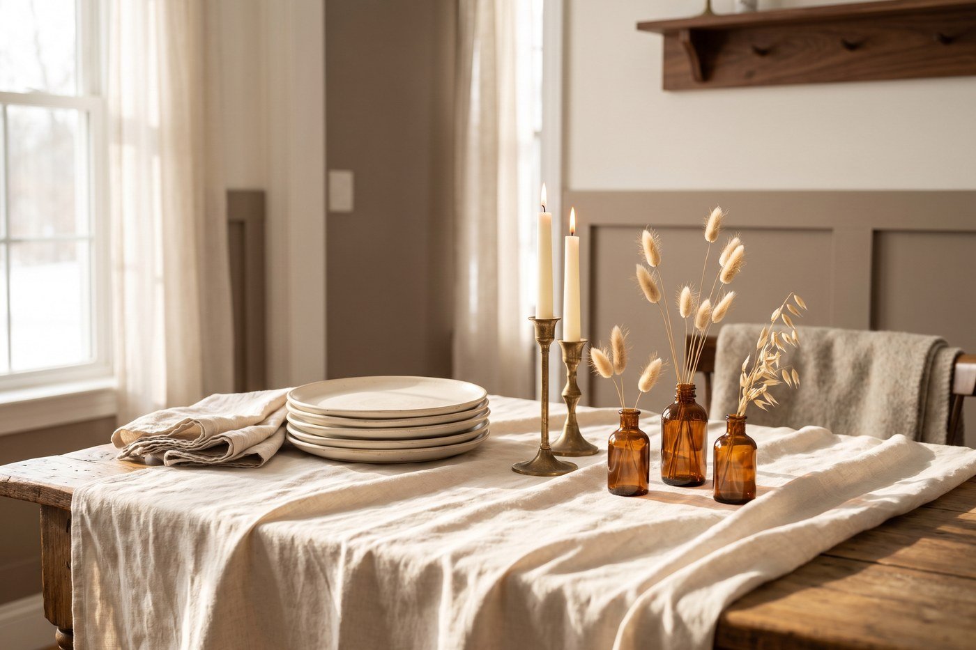 Close view of a dining table set with a cream linen tablecloth, stacked cream stoneware, brass taper candlesticks and amber bud vases with dried stems.