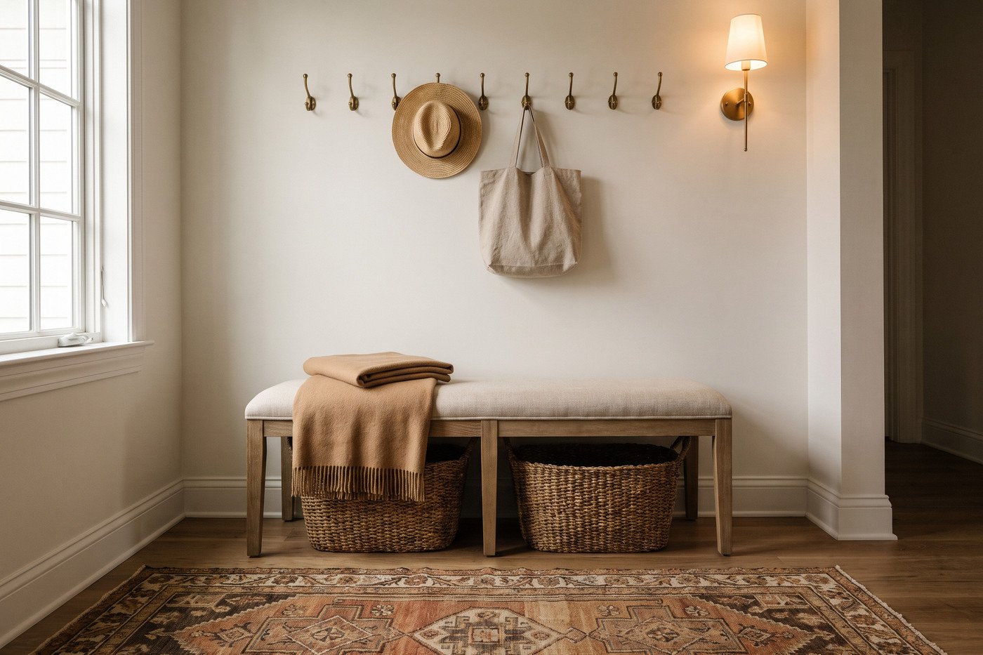 Entryway bench in oatmeal linen with a folded wool throw, woven baskets underneath, brass hooks above holding a straw hat and a linen tote.