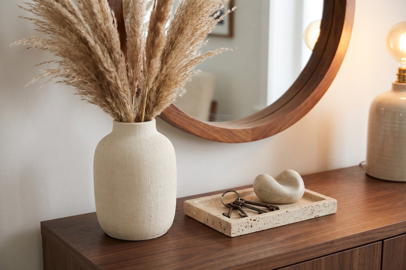An entryway console styled with lamps and art