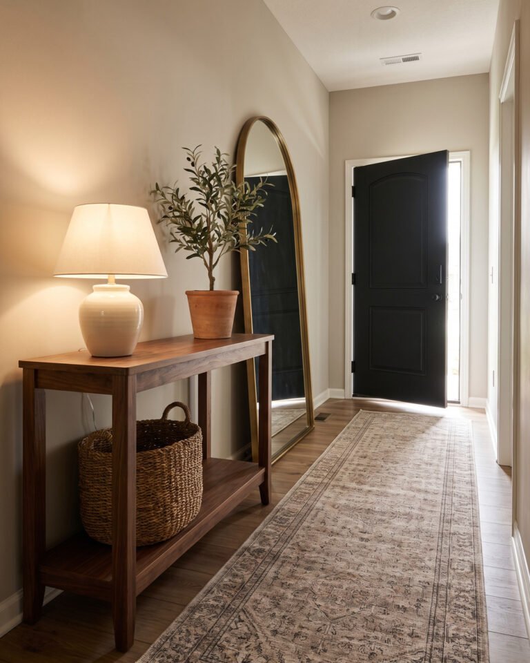 Warm 2026 entryway with a walnut console, an oversized arched mirror, a ceramic lamp glowing, a woven basket beneath, a long vintage-look runner and a faux olive tree in a terracotta pot.