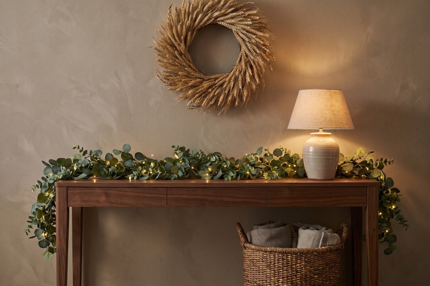 Entryway console with a eucalyptus garland, warm white lights woven through, a dried wreath on the wall and a woven basket below.