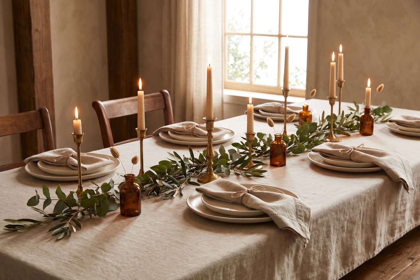 Holiday dining table with a natural linen tablecloth, cream stoneware, brass candlesticks, amber bud vases and a loose eucalyptus runner.