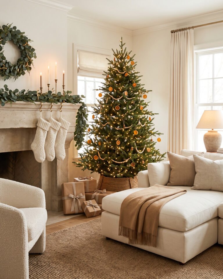 Warm neutral 2026 holiday living room with an evergreen tree in warm white lights, eucalyptus garland on the mantel, ivory knit stockings and brass candlesticks.