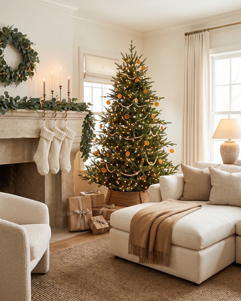 Warm neutral 2026 holiday living room with an evergreen tree in warm white lights, eucalyptus garland on the mantel, ivory knit stockings and brass candlesticks.