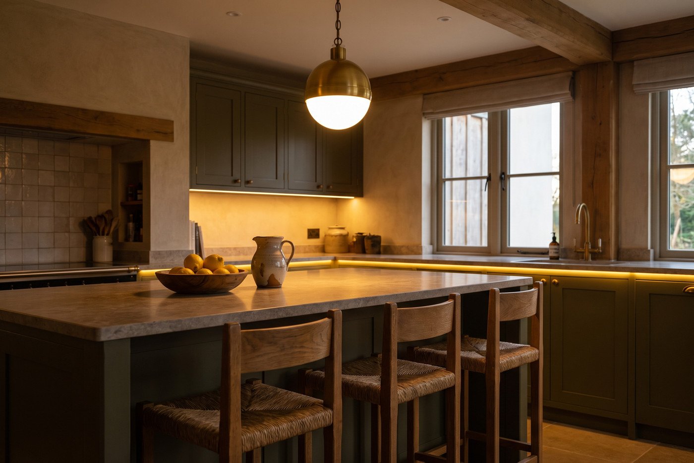 Kitchen island at dusk under a single warm brass globe pendant with woven counter stools and olive lower cabinets.