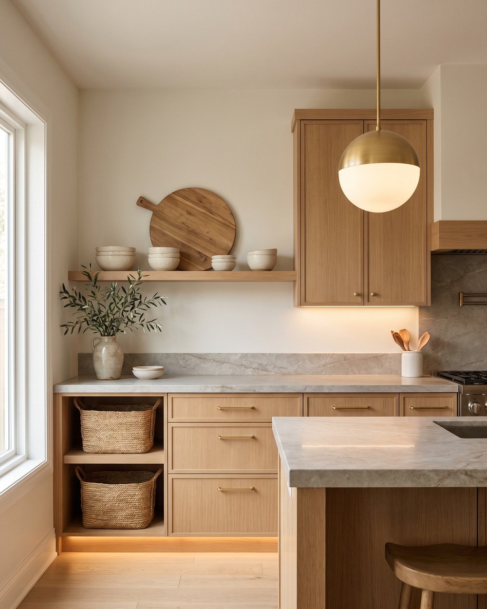 Warm 2026 kitchen with white oak cabinets, brass pulls, stone-look counter, open shelf of cream stoneware and a brass globe pendant.