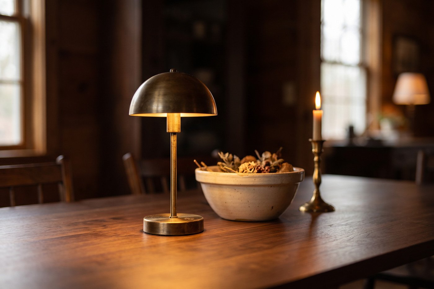 Cordless rechargeable table lamp glowing on a dining table beside a stoneware bowl and a lit brass candlestick, no cord visible.