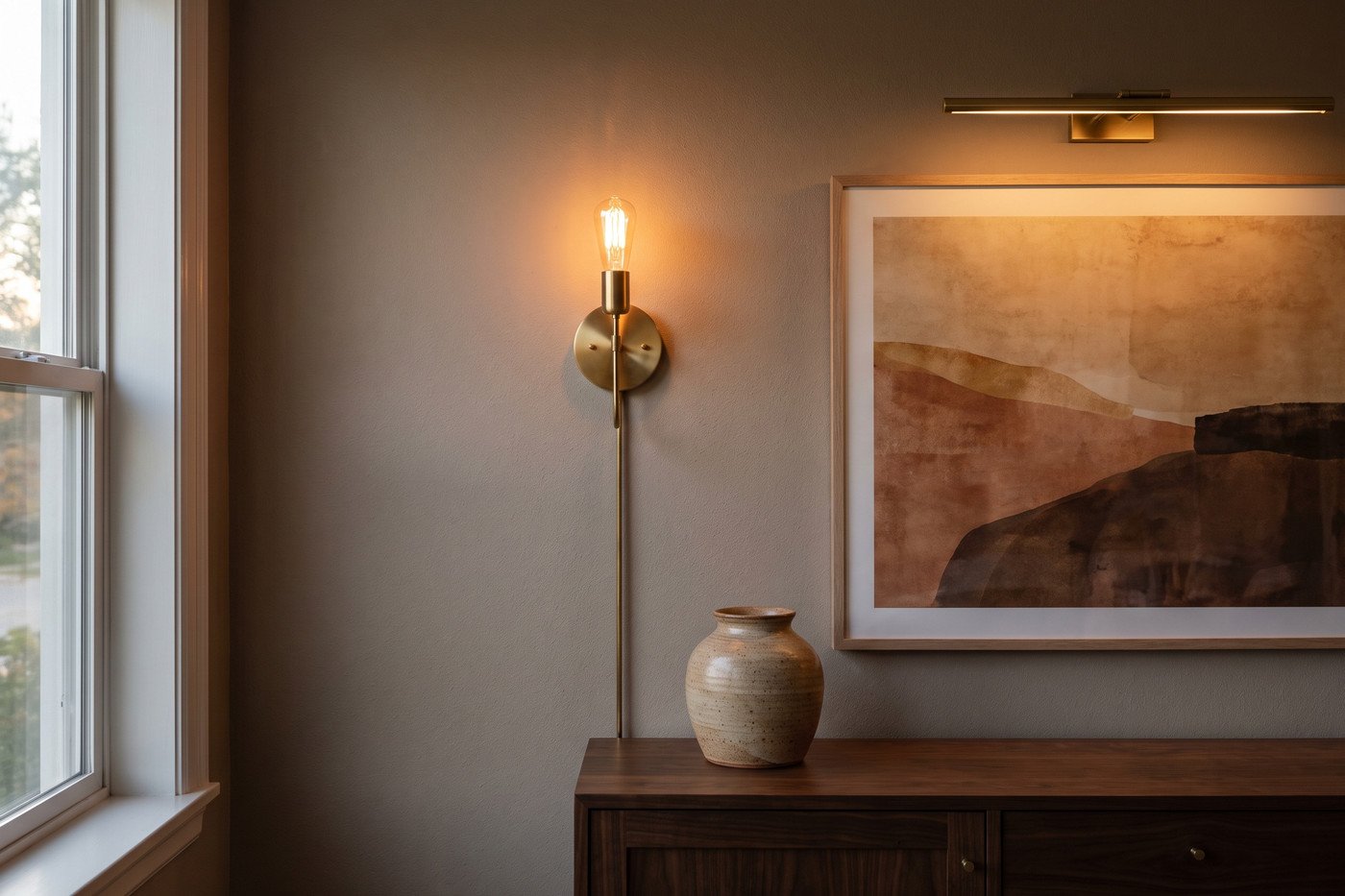 Brass plug-in wall sconce and a picture light over a framed abstract artwork on a warm taupe wall, glowing at dusk.