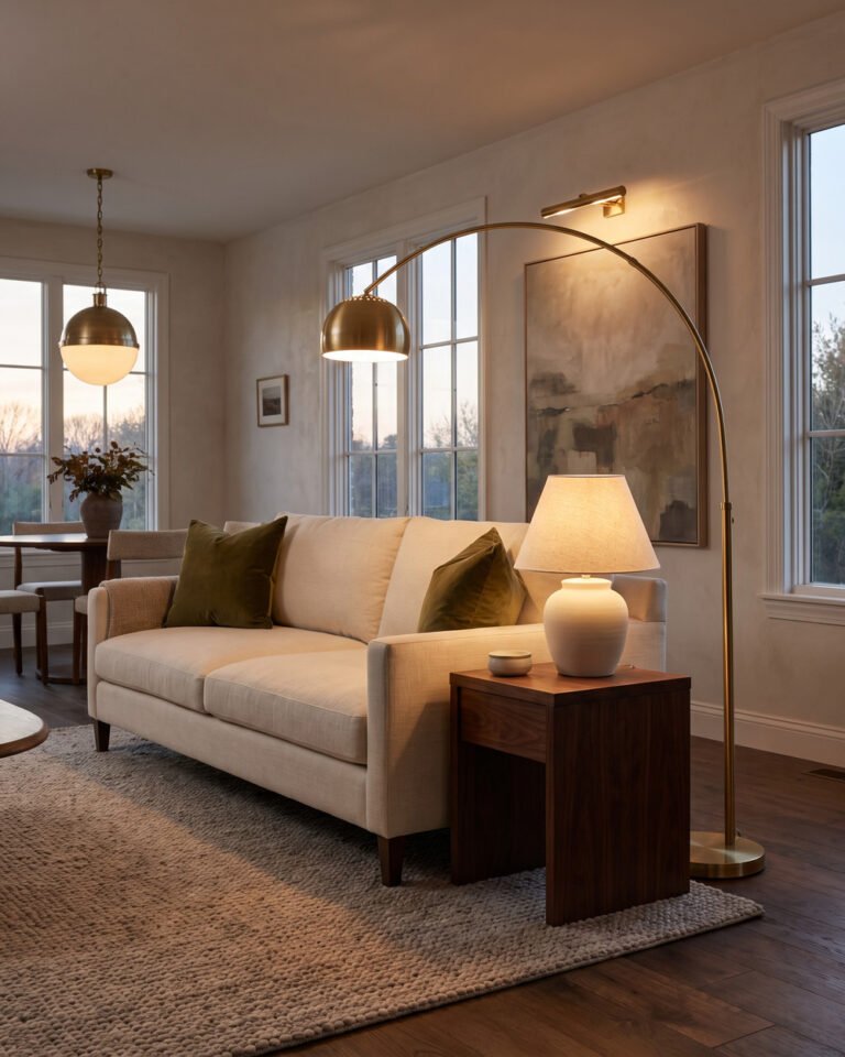 Warm evening living room lit in layers: a brass arc floor lamp, a glowing ceramic table lamp, a picture light over art and a brass globe pendant, all in warm 2700K light.