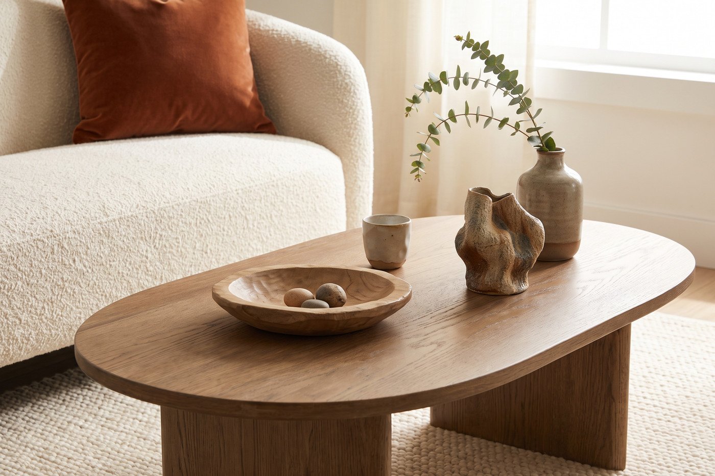 Styled oval oak coffee table with a wooden bowl, ceramic cup, sculptural object and a green stem in a stoneware vase.