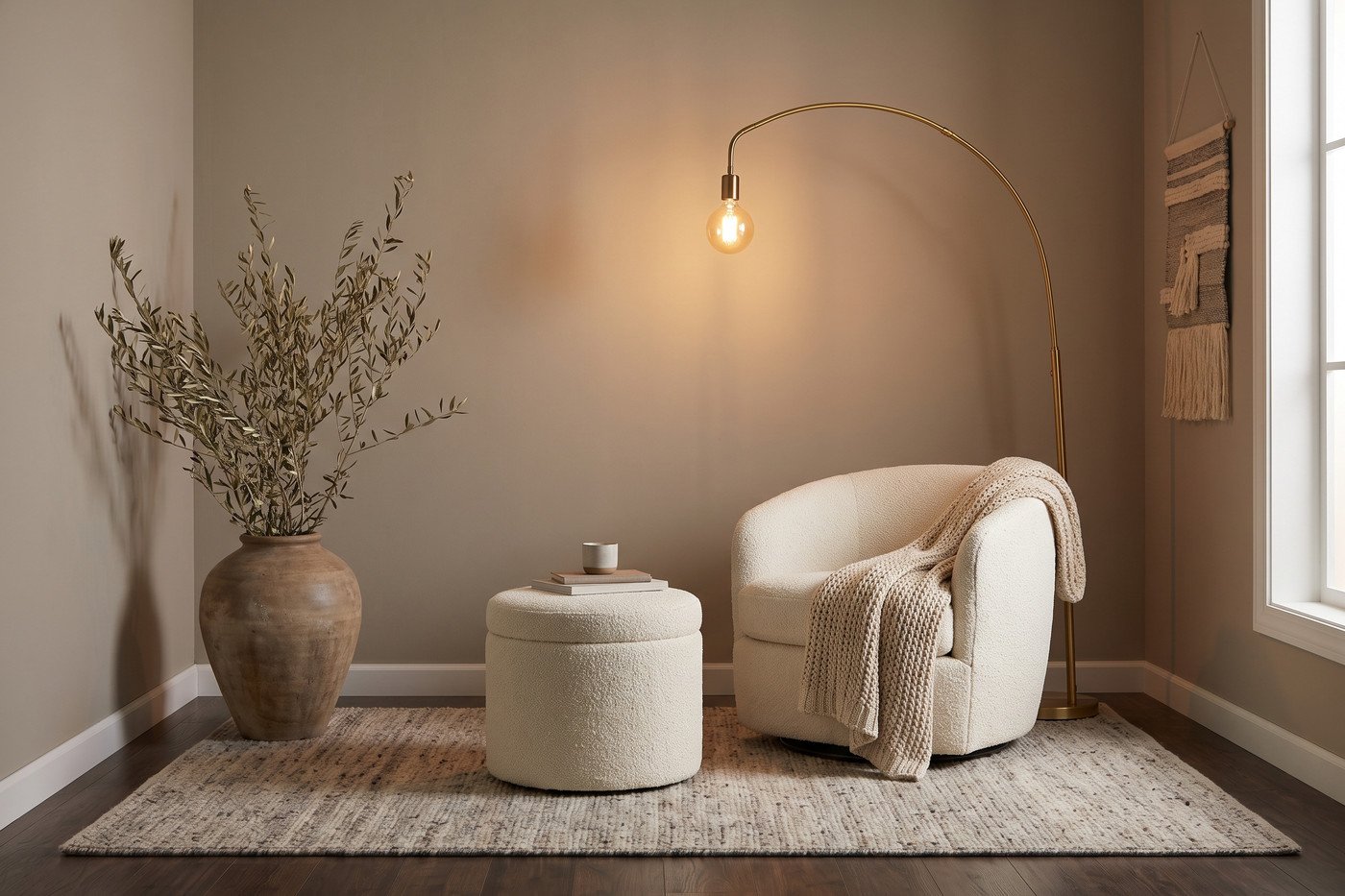 Living room corner with a bouclé barrel swivel chair, round storage ottoman, brass arc floor lamp and a large ceramic vase with dried branches.