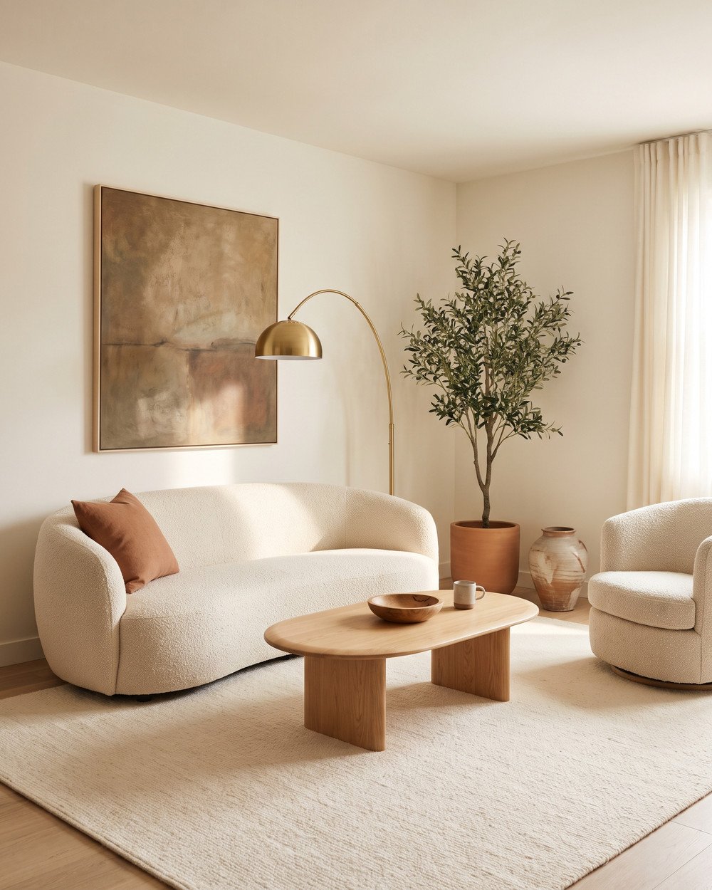 2026 living room with a curved cream bouclé sofa, oval oak coffee table, brass arc lamp, large wool rug, faux olive tree and one oversized abstract painting.
