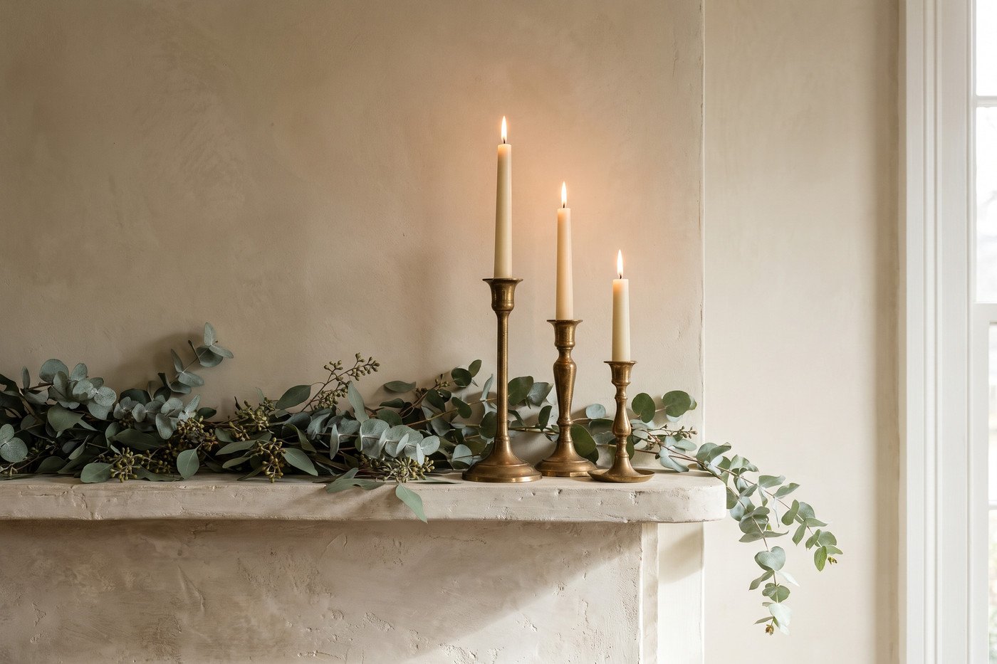 Close view of brass taper candlesticks at three heights on a limewashed mantel with a trailing eucalyptus garland and a small stack of linen-bound books.