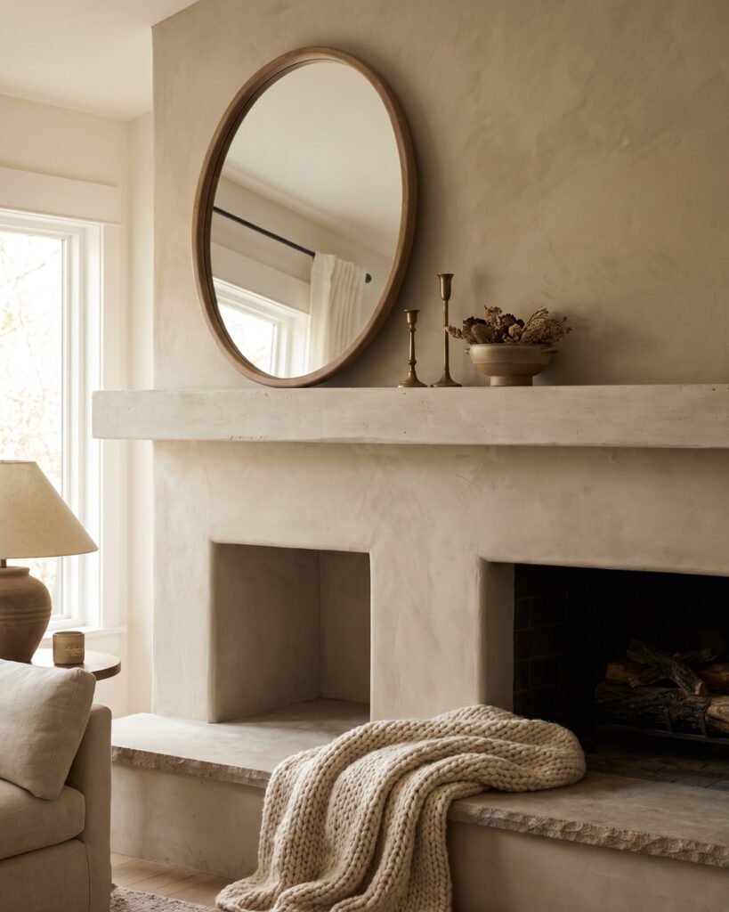 Plaster fireplace with a thick limewashed mantel, one large round wood-framed mirror on the chimney breast above it, a pair of brass candlesticks and a low bowl of dried stems on the shelf, against a warm putty wall.