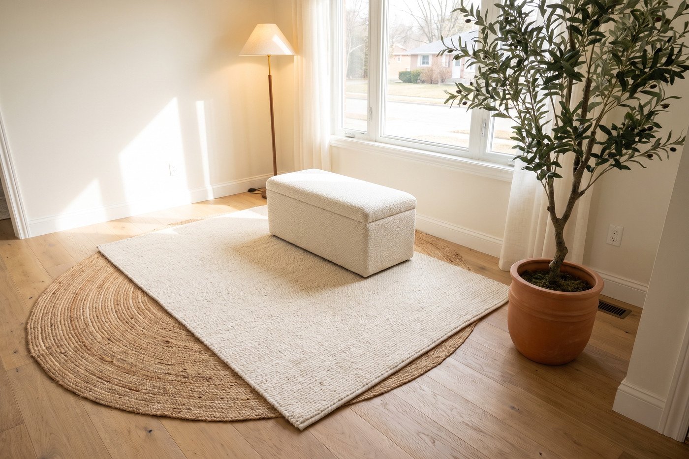 A soft ivory wool rug layered over a larger natural jute rug in a sunlit living room with a bouclé ottoman and a faux olive tree.